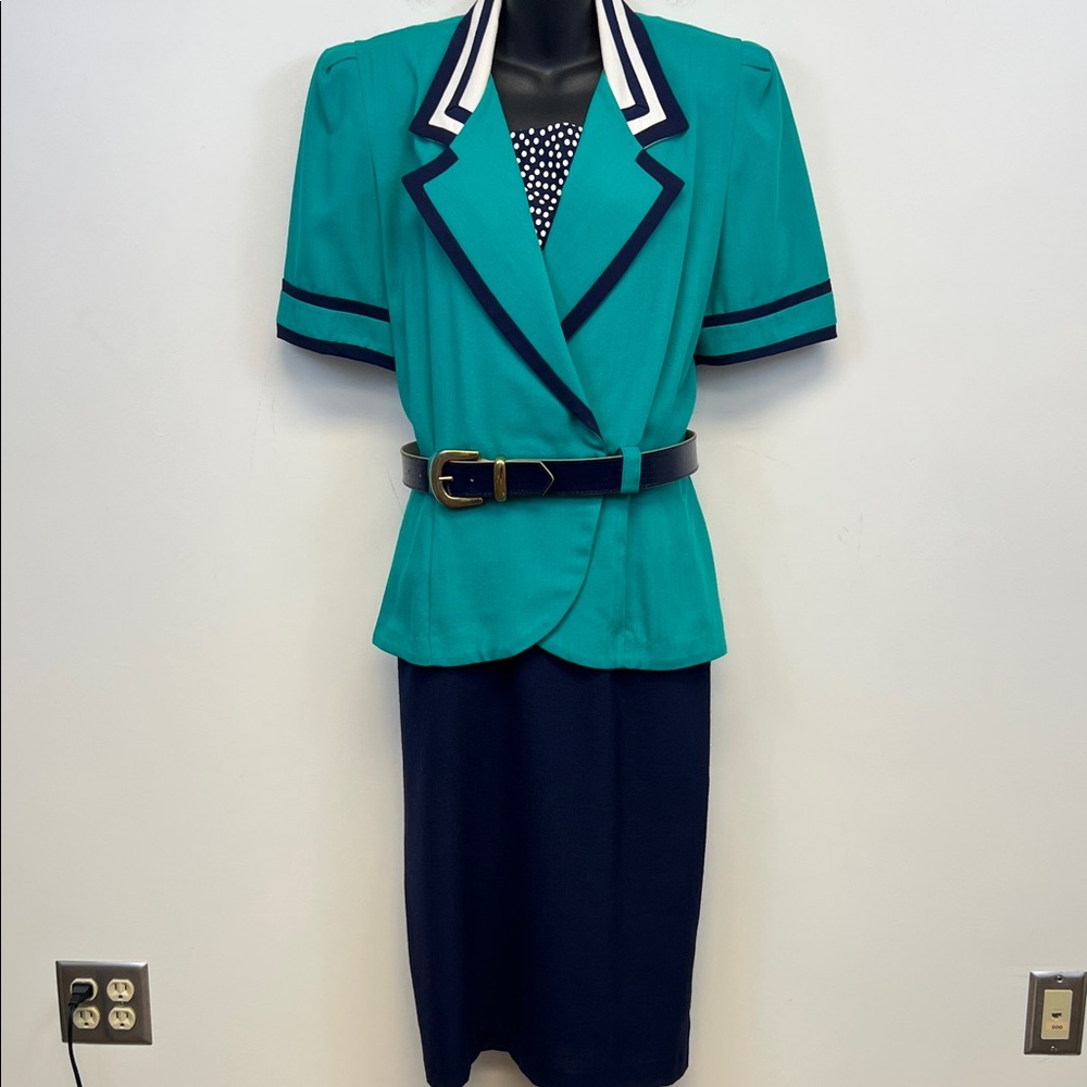 Danny & Nicole Vintage Dress Turquoise Navy V-Neck Peplum Polka Dot belt Size 12